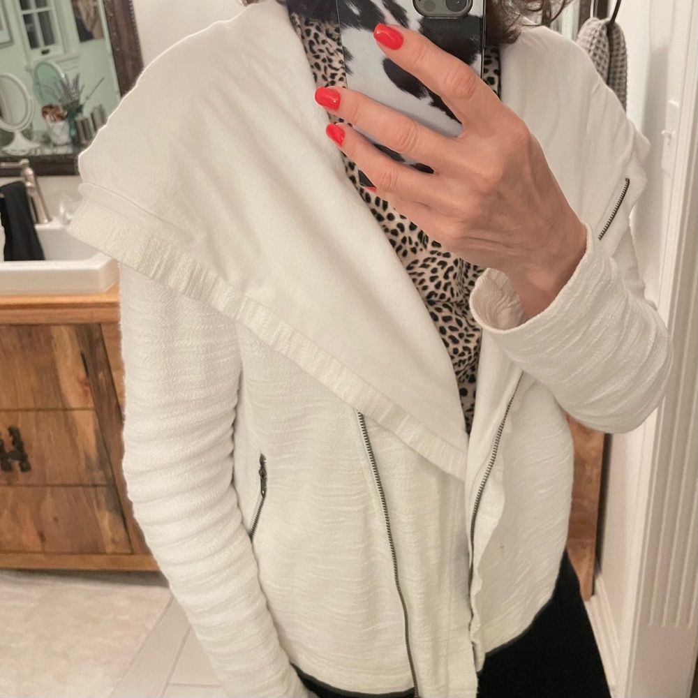 Anthropologie Saturday Sunday White knit Moto hoodie jacket Size L